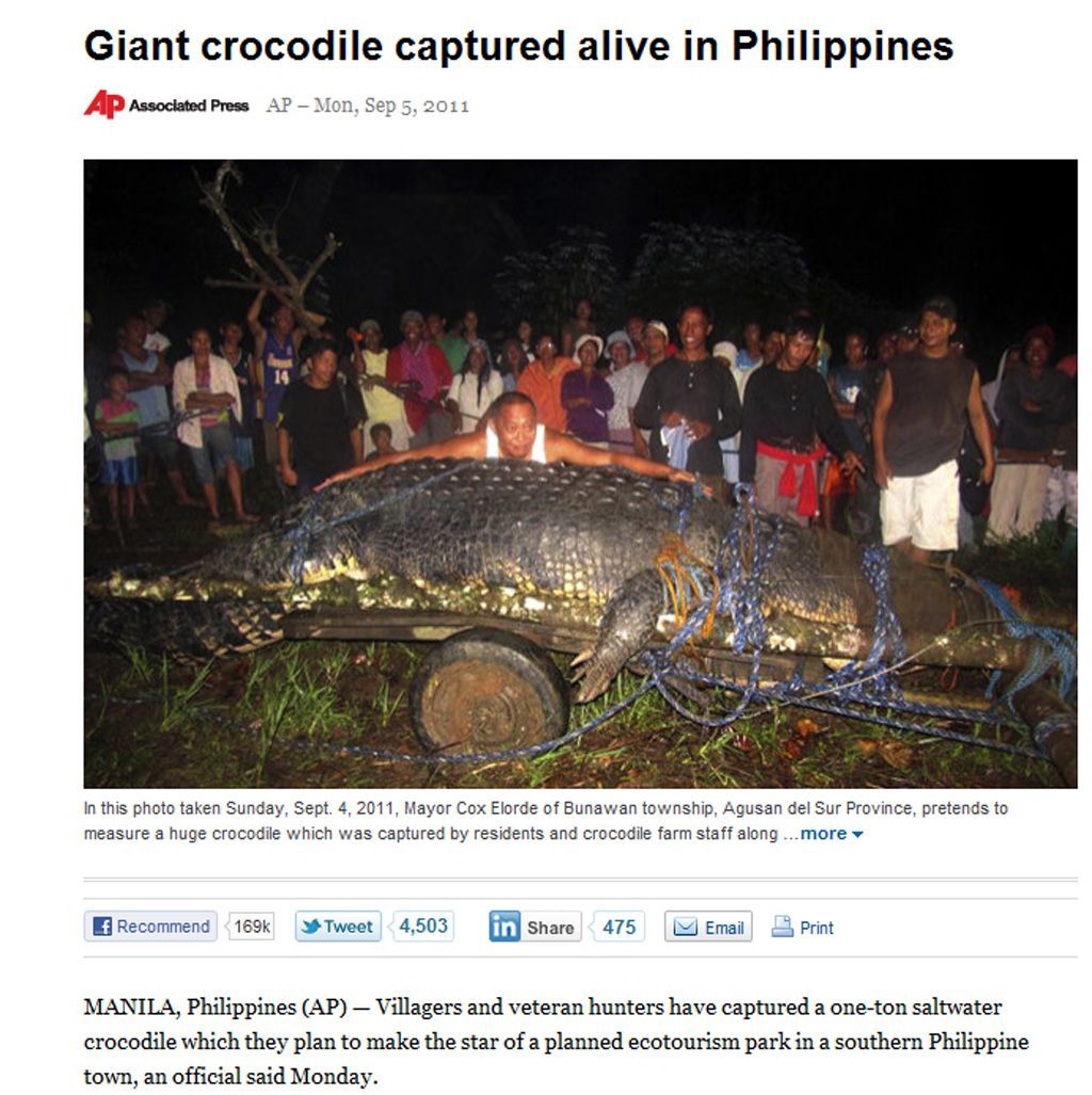 Facebook - nejsdílenější články roku 2011 - gigantický krokodýl