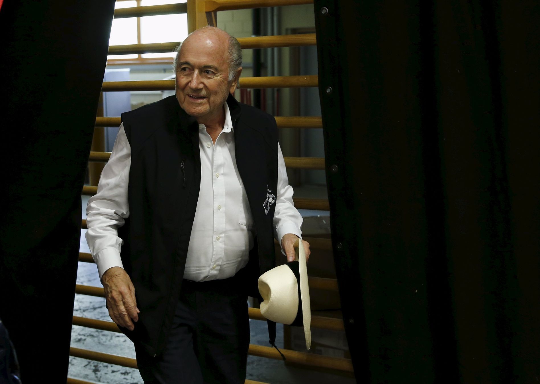 Blatter arrives for a news conference aside of the so-called &quot;Sepp Blatter tournament&quot; in Ulrichen