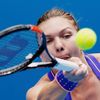 Halep of Romania hits a return to Makarova of Russia during their women's singles quarter-final match at the Australian Open 2015 tennis tournament in Melbourne