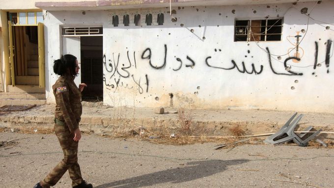 Kurdská bojovnice v jednom z dobytých iráckých měst.