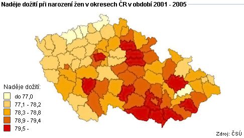 Naděje dožití při narození žen v okresech ČR v období 2001 - 2005