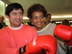 Canada's Governor General Michaelle Jean and Jan Balog, founder of a boxing club for Roma kids