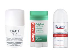 Deodorant pro citlivou nebo depilovanou pokožku, VICHY, 299 Kč; deodorant, BOROTALCO, 109 Kč, prodává Rossmann; kuličkový antiperspirant, EUCERIN, 209 Kč.