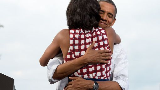 Aug. 15, 2012 "The President hugs the First Lady after she had introduced him at a campaign event in Davenport, Iowa. The campaign tweeted a similar photo from the campaign photographer on election night and a lot of people thought it was taken on election day