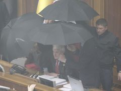 Předseda parlamentu Lytvyn je před vajíčky chráněn deštníky.