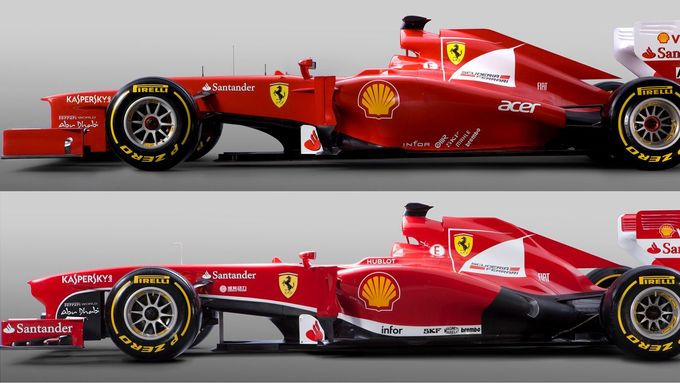 Opticky nejpatrnější novinkou je návrat ke klasickému hladkému tvaru předku monopostů. Rozdíl nejlépe dokumentuje porovnání loňského (nahoře) a letošního Ferrari.