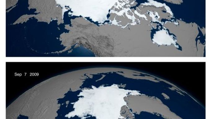 Rozdíl ledové pokrývky v Arktidě mezi loňským červencem a zářím