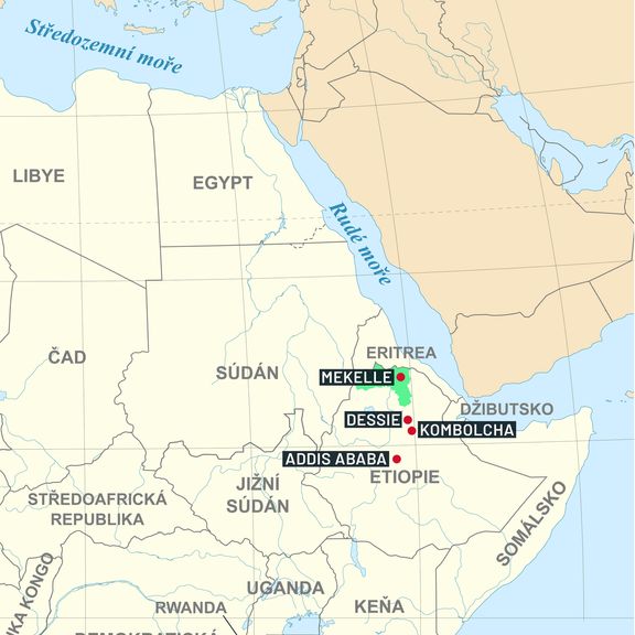 Mapa Etiopie s vyznačeným regionem Tigraj a dvěma městy, které povstalci dobyli.