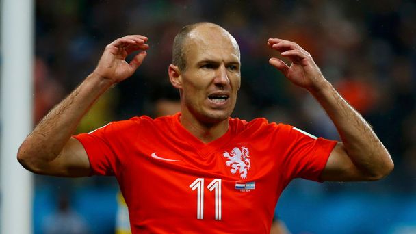 Robben of the Netherlands reacts after missing a chance to score against Argentina during their 2014 World Cup semi-finals in Sao Paulo