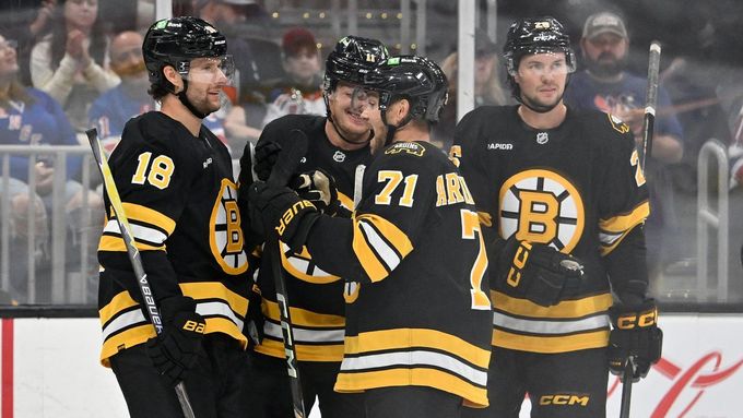 Pavel Zacha (18) slaví gól se spoluhráči Bostonu.