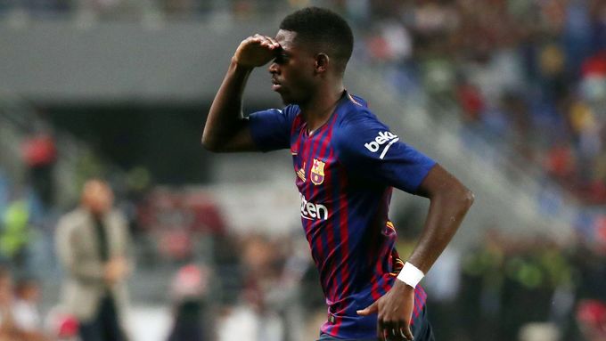 Ousmane Dembélé z Barcelony slaví gól ve španělském Superpoháru se Sevillou.