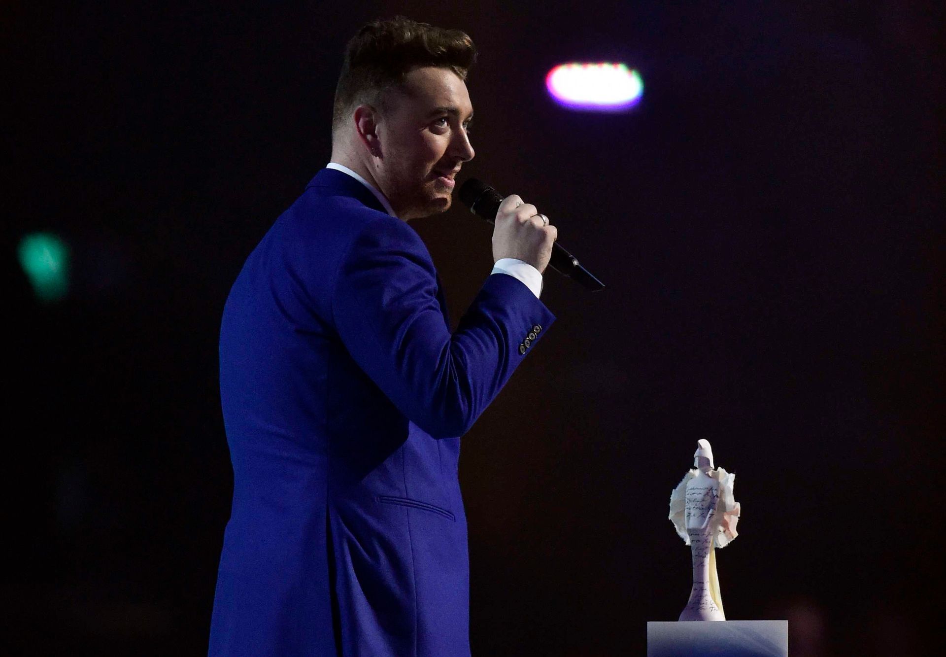 Sam Smith receives the award for British Breakthrough Act  at the BRIT music awards at the O2 Arena in Greenwich, London