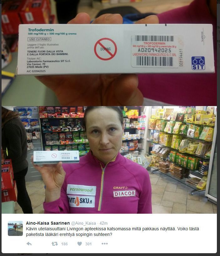 Aino-Kaisa Saarinenová s přípravkem Trofodermin, který si měla vzít Johaugová