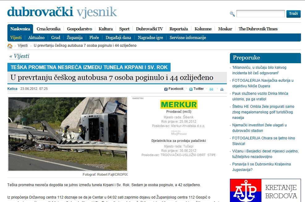 Smrtelná nehoda autobusu v Chorvatsku