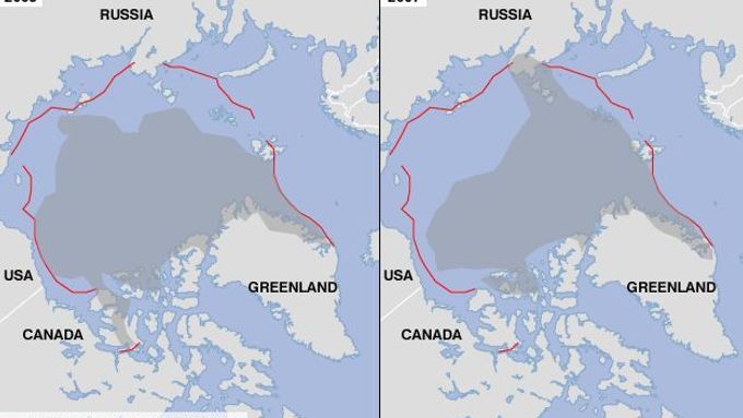 Mapka znázorňuje současný stav ledu (šedé pole), červenou linkou je pak vymezen 30-ti letý průměr.