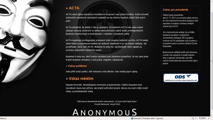 Takto vypadal web ODS při prvním útoku Anonymous