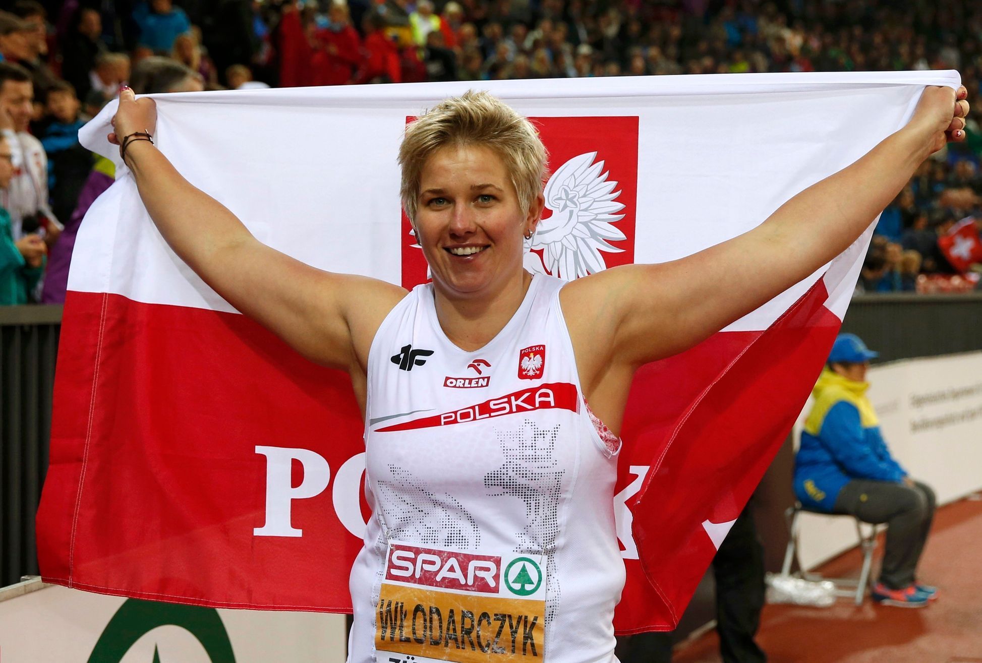 Wlodarczyk of Poland celebrates after winning the women's hammer throw final during European Athletics Championships in Zurich