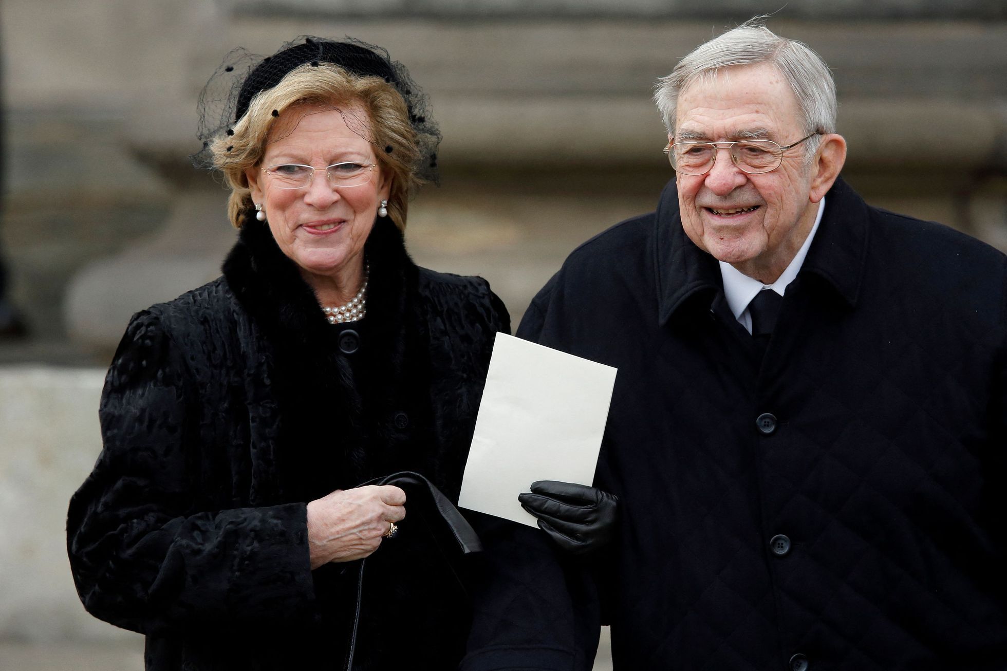 Queen Anne-Marie and King Constantin II of Greece arrive at the funeral of Prince Henrik of Denmark