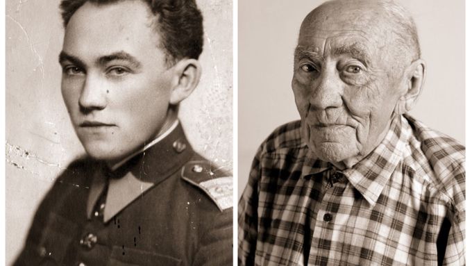 Prokop Vejdělek, narozen 1909 v Zásmukách na Kutnohorsku. Vlevo mu je 22 let (po přísaze Masarykovi), vpravo 101 roků.
