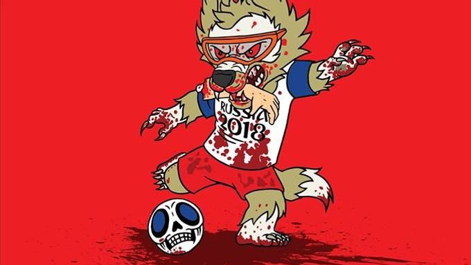 Foto: Krvavý maskot šampionátu, fotbal na hřbitově. Umělec na plakátech drsně kritizuje MS v Rusku
