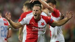 Jan Bořil slaví gól v zápase 4. předkola LM Slavia - Kluž