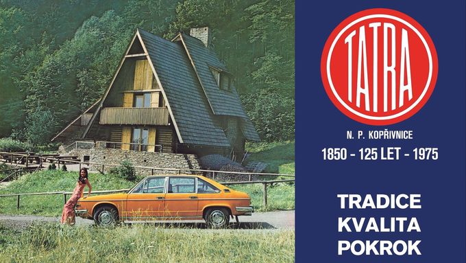 Reklamní plakát z roku 1975, který připomínal 125 let od založení Tatry mimo jiné netradiční oranžovou T613.