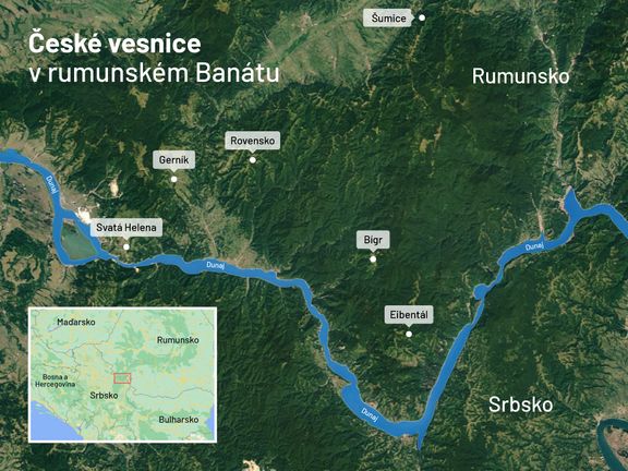 Mapa šesti českých vesnic v rumunském Banátu.