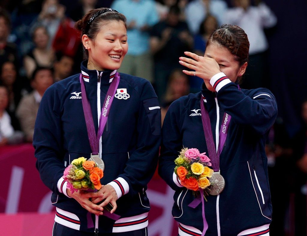 Japonská badmintonistka Mizuki Fujiová, pláč medailistů na olympijských hrách v Londýně 2012