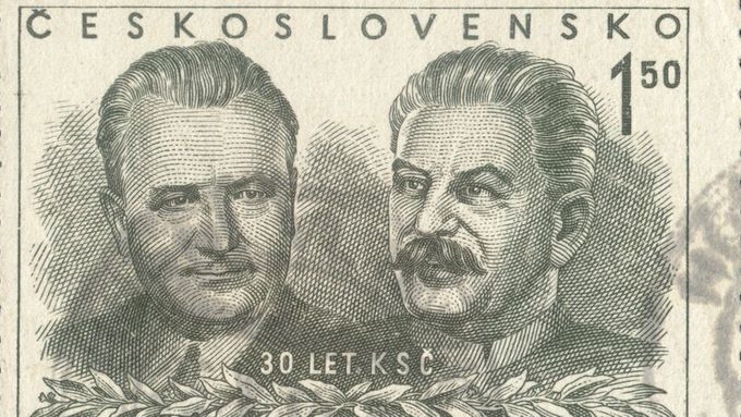 Gottwald a Stalin na československé poštovní známce z roku 1951.