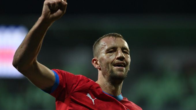 Tomáš Souček slaví rozhodující gól proti San Marinu.