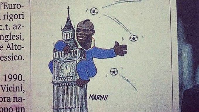 Mario Balotelli na londýnském Big Benu jako King Kong.