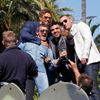 Cast members  Kellan Lutz, Antonio Banderas, Victor Ortiz and Glen Powell make a selfie with a mobile phone as they pose on a tank on the Croisette to promote the film &quot;The Expendables 3&quot; du