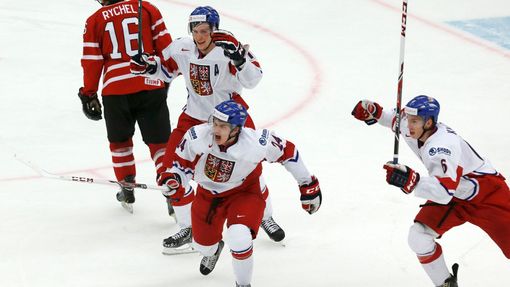 Czech Republic's Vrana, Knot and Faksa celebrate a goal against Canada during the second period of their IIHF World Junior Championship ice hockey game in Malmo