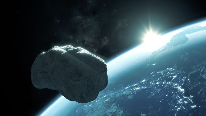3D vykreslení asteroidu Apophis procházejícího poblíž Země.