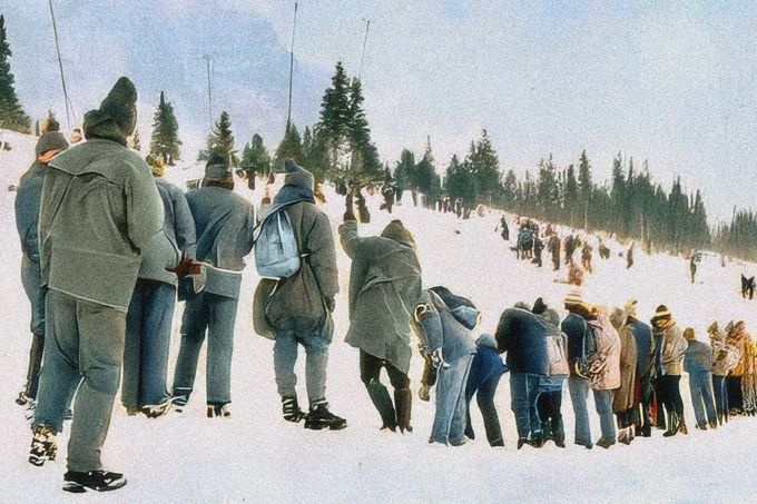Pátrací skupiny provádějí sondování v laviništi. Rok 1974