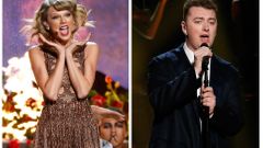 Combination photo shows Grammy nominees Taylor Swift and Sam Smith performing at the 42nd American Music Awards
