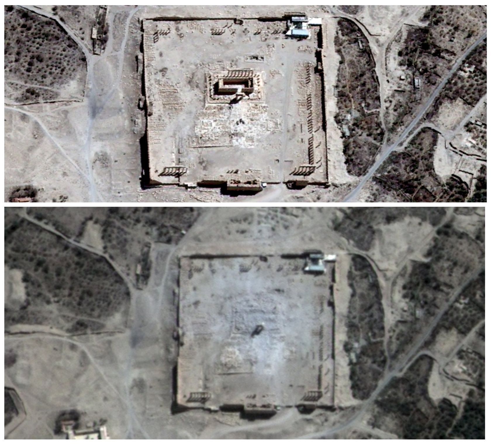 Kombo - chráme v Palmýře před a po zničení