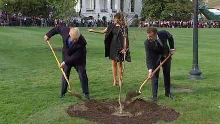 Trump přivítal v Bílém domě Macrona pověstným stiskem ruky. Zasadili <strong>strom</strong> a odletěli na večeři