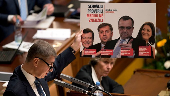 Andrej Babiš při obhajobě kauzy Čapího hnízda v Poslanecké sněmovně.