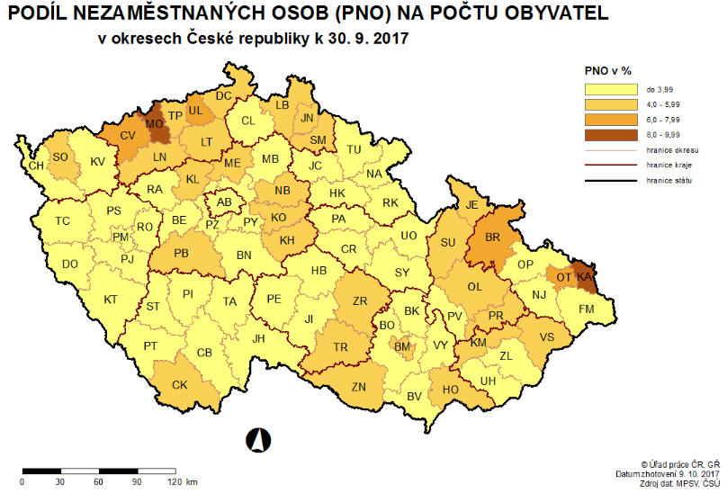 nezaměstnanost v čr mapa Mapa: Nezaměstnanost září 2017   Aktuálně.cz