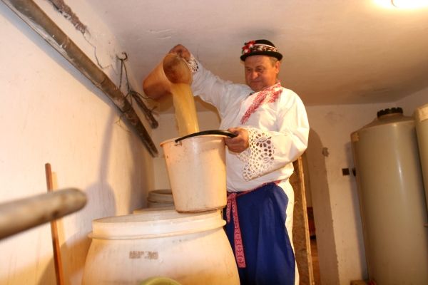 František Nešpor ze Šardic dělá burčák z Moravského muškátu a právě mu ladí formu na trh do Brna. "Už sa gůlá," komentuje šum kvasící šťávy v kádích. | Foto: Karel Toman