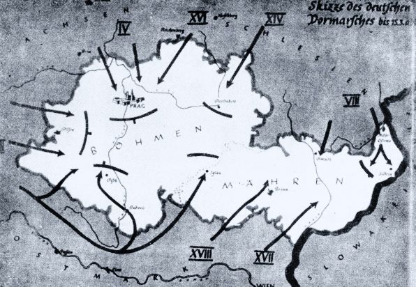 Na území mnichovskou dohodou (29. září 1938) okleštěného a formálně již neexistujícího Československa se 15. března 1939 začaly z mnoha směrů valit kolony německého wehrmachtu s vojenskou technikou. | Foto: Vlastivěda Moravská - Svobodný stát a okupace / Wikipedia / Public domain