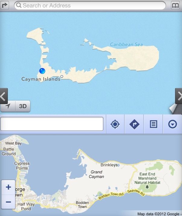 Horní mapka znázorňuje, jak Apple vidí celé Kajmanské ostrovy. | Foto: news.cnet.com