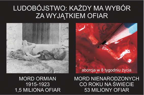 Snímek z výstavý Vyber život: "Genocida - každý má na výběr, kromě obětí. Masakr Arménů mezi léty 1915 až 1923 - 1,5 milionů obětí. Každoročně vykonané potraty ve světě - 53 milionu mrtvých" | Foto: nieaborcji.pl