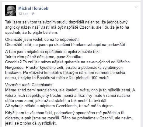 Michal Horáček o názvu Czechia na Facebooku | Foto: Facebook/Michal Horáček