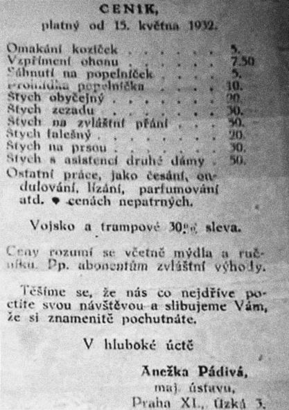 Ceník erotických služeb z roku 1932. | Foto: Aktuálně.cz / Neznámý autor / Public domain