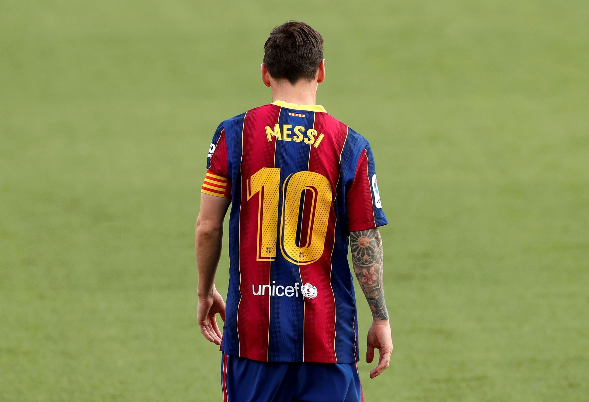 Without Messi.  The Argentine star did not travel with Barcelona to the Champions League match