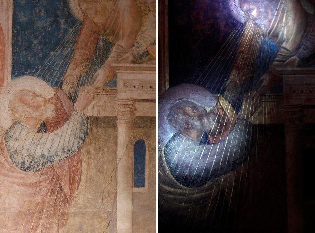 ,,Objevili jsme tajného Giotta," říká Isabella Lapi Balleriniová z prestižní restaurátorské školy Opificio delle Pietre Dure (vlevo freska pod běžným světlem, vpravo pod UV). | Foto: Reuters
