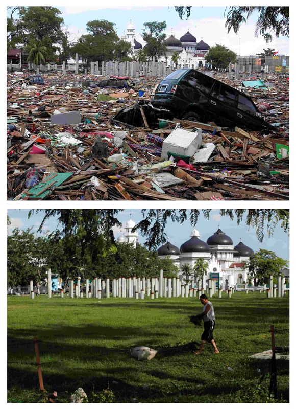 Pohled na černobílou mešitu Baiturrahma ve městě Banda Aceh. | Foto: Reuters