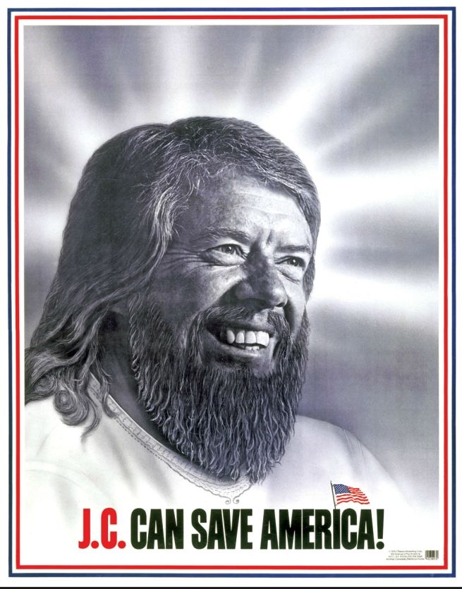 J. C. může zachránit Ameriku. Psal se rok 1976 a Spojené státy se vzpamatovávaly z dlouhé války ve Vietnamu. Nadějí pro všechny měl být Jimmy Carter. Stylizace do role Ježíše Krista očividně vyšla. Pozdějšímu nositeli Nobelovy ceny míru se během úřadování v Oválné pracovně podařilo například dojednat mírovou dohodu mezi Egyptem a Izraelem. | Foto: Knihovna Kongresu USA